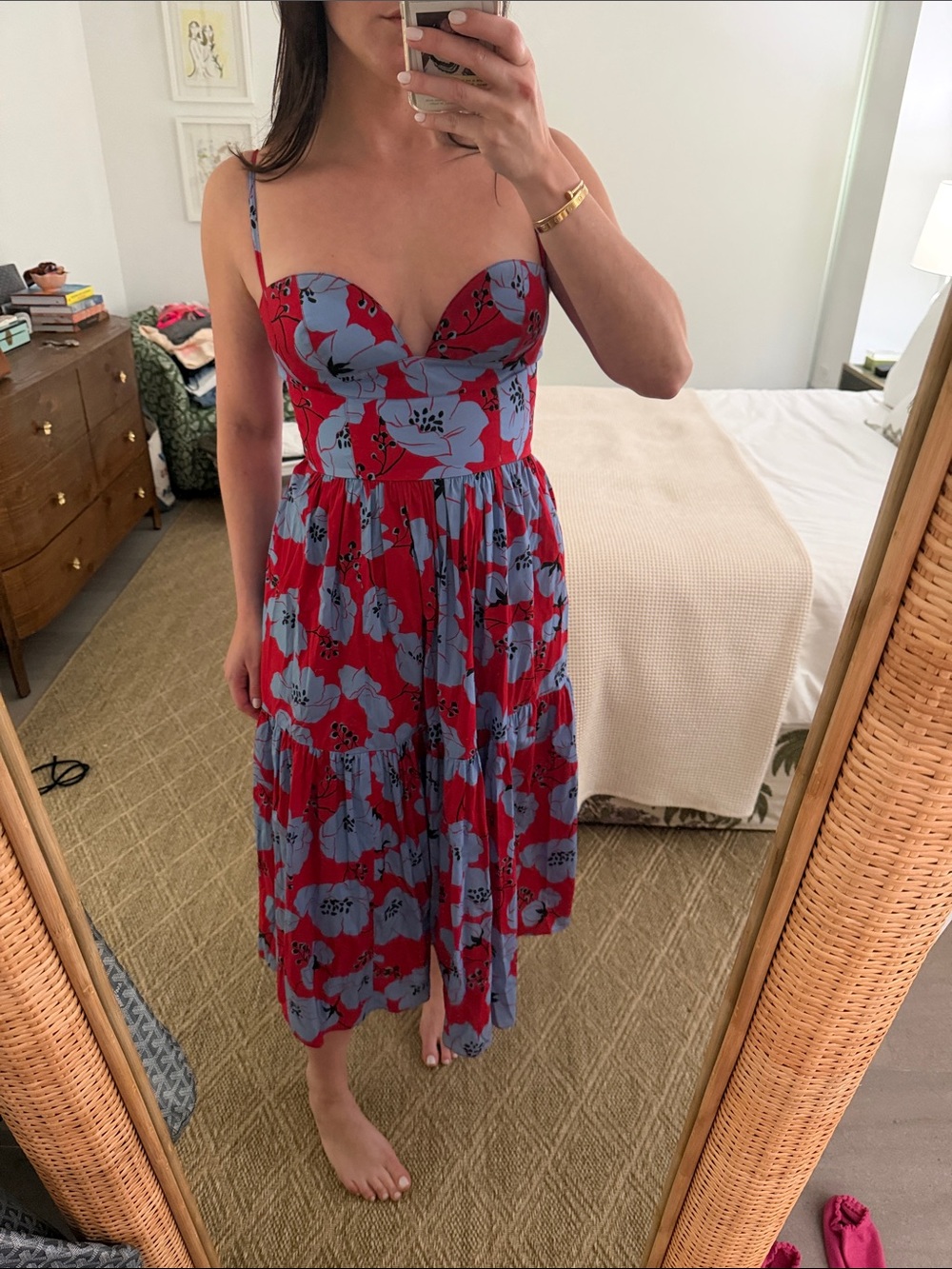Carolina Herrera Red Midi Dress with Blue Floral Print